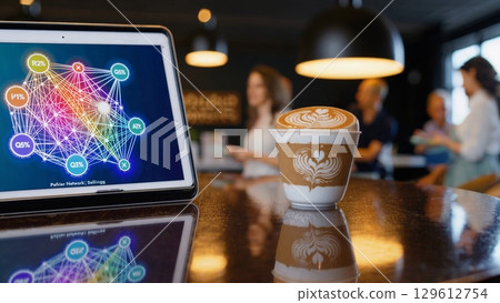 Network analysis displayed on a tablet screen with a cappuccino placed on a reflective table, while blurred figures of colleagues interact in the background of a modern cafe Network analysis displayed on a tablet screen with a cappuccino placed on a reflective table, while blurred figures of colleagues interact in the background of a modern cafe 129612754