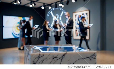 Potential investors and art collectors are observing a non fungible token - nft - digital artwork displayed on a transparent screen in an art gallery, using tablets 129612774