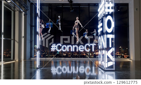 Hologram fashion models walk across a dark room with large windows overlooking a cityscape at night, holding a leash attached to virtual pets, with neon signs displaying connect and onit 129612775