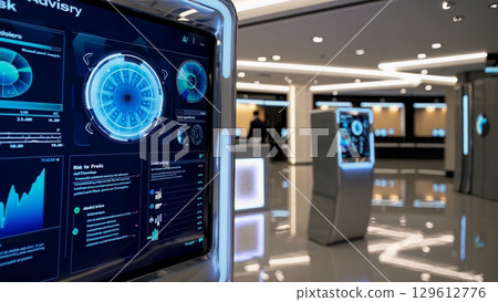 Several futuristic kiosks display interactive data, charts, and graphs in a modern corporate building, suggesting advanced technology and business analysis 129612776