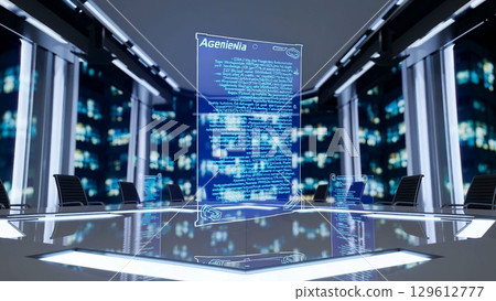 Transparent digital display rotating slowly, showcasing complex data and information, in the center of a sleek, modern conference room with large windows overlooking a cityscape at night 129612777