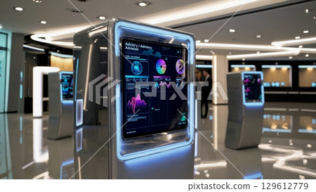 Several futuristic kiosks display interactive data, charts, and graphs in a modern corporate building, suggesting advanced technology and business analysis 129612779