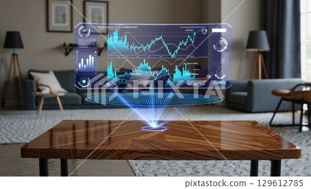 Holographic financial data and charts are projected from a device on a wooden table in a contemporary living room, visualizing investment trends and market analysis 129612785