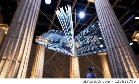 Futuristic transparent digital book is flipping its pages automatically in augmented reality inside a museum, while visitors wearing vr headsets walk around Futuristic transparent digital book is flipping its pages automatically in augmented reality inside a museum, while visitors wearing vr headsets walk around 129612799