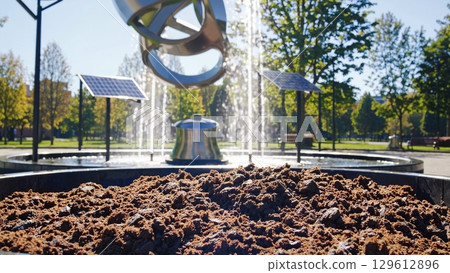 Modern metal sculpture rotating above a fountain in a park, powered by solar panels, providing a sustainable and artistic element to the urban landscape Modern metal sculpture rotating above a fountain in a park, powered by solar panels, providing a sustainable and artistic element to the urban landscape 129612896