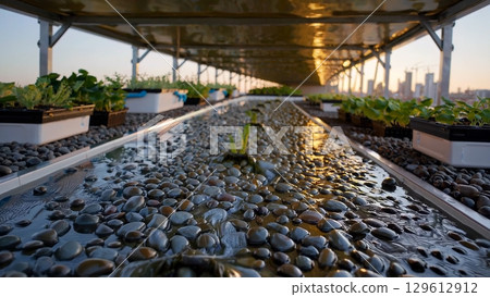 Gentle water cascading over smooth pebbles in rooftop garden, reflecting sustainable urban agriculture during soft sunset light with serene cityscape backdrop Gentle water cascading over smooth pebbles in rooftop garden, reflecting sustainable urban agriculture during soft sunset light with serene cityscape backdrop 129612912