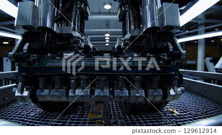 Robotic arms precisely handling circuit boards along automated conveyor in modern electronics manufacturing facility, demonstrating advanced industrial automation and technological precision Robotic arms precisely handling circuit boards along automated conveyor in modern electronics manufacturing facility, demonstrating advanced industrial automation and technological precision 129612914