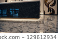 Luxurious hotel lobby featuring a modern reception desk with marble flooring, intricate geometric patterns, and elegant led lighting creates a sophisticated and welcoming atmosphere 129612934