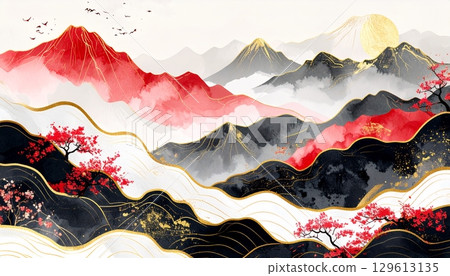 日式風格的紅葉與金色山巒 129613135