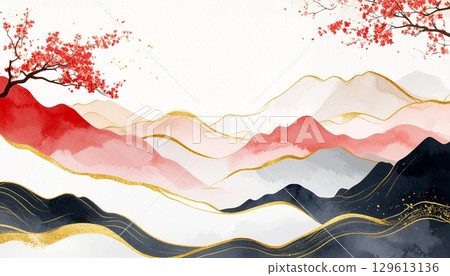 極簡主義的山景，有紅色的秋葉和金色的線條 129613136