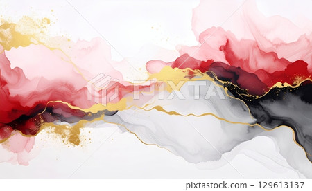 Abstract art featuring red and black watercolors with gold leaf accents 129613137