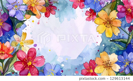 Colorful watercolor floral border frame 129613144