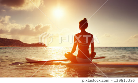 Woman Meditating on Paddleboard at Sunset Over Calm Tropical Ocean Waters Woman Meditating on Paddleboard at Sunset Over Calm Tropical Ocean Waters 129613356
