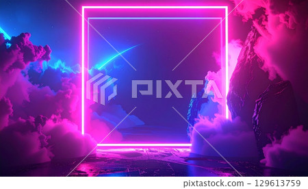 Neon frame emerging from clouds and rocks Neon frame emerging from clouds and rocks 129613759