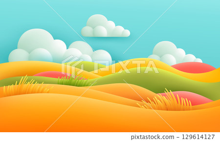 Colorful Vector Illustration of Rolling Hills with Clouds and Vibrant Pastel Tones, Creative Minimalist Background Depicting Nature with Aesthetic Bold Contrast and Artistic Vibrancy 129614127