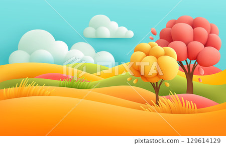 Colorful Vector Illustration Of A Vibrant Cartoon Nature Landscape With Rolling Hills, Trees, Clouds, And Grass, Featuring A Bright And Playful Art Style, Ideal As A Background 129614129