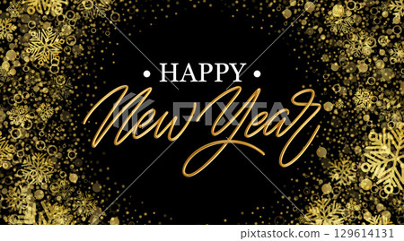 Happy New Year Vector Illustration with Golden Snowflakes and Sparkles Background 129614131