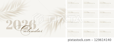 Vector Illustration Background of a Minimalist 2026 Calendar Featuring a Neutral Color Scheme, Decorative Fonts, and an Elegant Design with Leaf Imagery 129614140