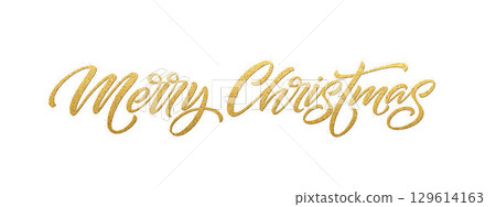 Vector Illustration of a Merry Christmas Calligraphy Text Created with Golden Effects on a White Background, Depicting Festive and Elegant Holiday Greetings 129614163