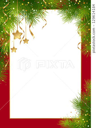 Festive Christmas Vector Illustration Background Featuring Greenery, Golden Star Decorations, And Festive Confetti Bordering A Blank White Central Section For Seasonal Artwork Design 129614184