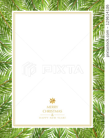 Elegant Vector Christmas Illustration Incorporating Pine Needle Border and Minimalistic Gold Typography Creating an Inviting and Festive Background for Greetings and Celebrations 129614186