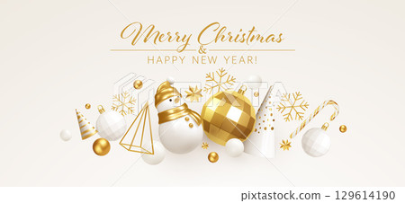 Elegant Vector Illustration of Golden and White Christmas Decorations with Snowman, Ornaments, and Snowflakes, Displayed on a Minimalist Background for Seasonal Festivity Celebration Elegant Vector Illustration of Golden and White Christmas Decorations with Snowman, Ornaments, and Snowflakes, Displayed on a Minimalist Background for Seasonal Festivity Celebration 129614190