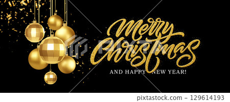 Golden Christmas Ornaments with Festive Text in an Elegant Decorative Illustration Background 129614193