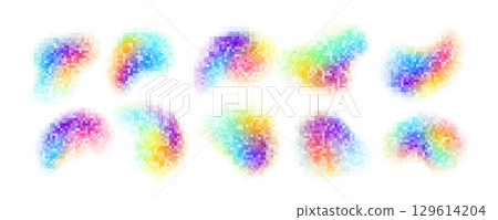 Abstract Rainbow Gradient Point Clusters in a Digital Illustrative Style. Colorful abstract dot clusters resembling artistic shapes on white background, vibrant design 129614204