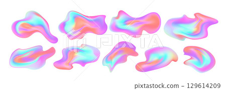 Abstract Gradient Fluid Shapes Set in Vibrant Multicolor Palette. Vivid flowing holographic shapes in pastel tones creating vibrant abstract compositions. 129614209