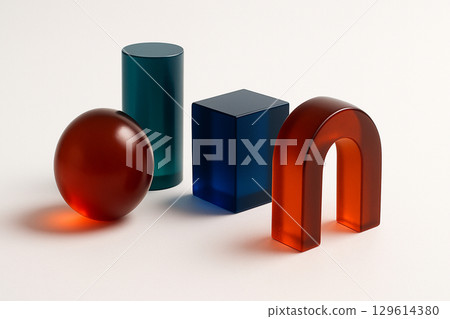 用彩色樹脂製成的極簡主義物品，放置在白色背景上 129614380