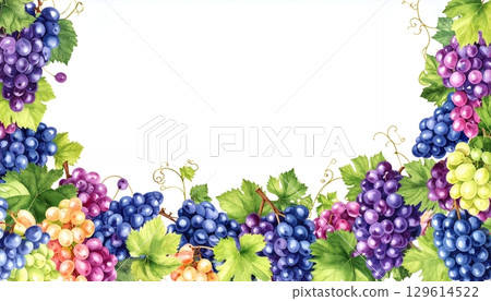 Watercolor grape and green leaves border 129614522