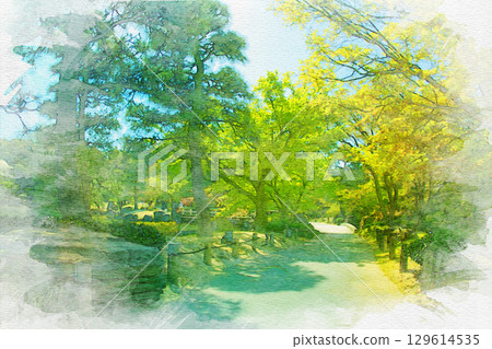 [愛知縣]名古屋市東區德川庭園的水彩畫 129614535