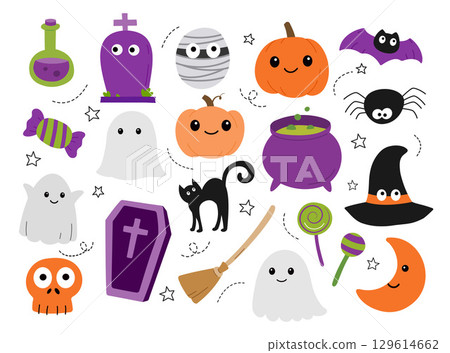 Halloween cute kawaii cartoon flat icon set. 129614662