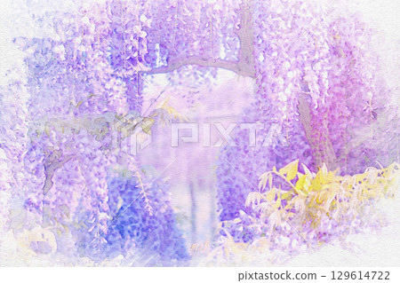 [Aichi Prefecture] Watercolor of the wisteria trellis at Tennogawa Park in Tsushima City 129614722