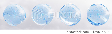 Blue liquid gel drops with bubbles for skin care. Render 3d set of jelly cream texture, clear collagen serum, hyaluron acid water essence. Aqua moisture toner. Cosmetic beauty product. 3D illustration 129614802