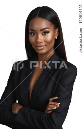 A confident Black woman with striking eyes and a commanding presence, dressed in a sleek suit, exuding authority, innovation 129614805