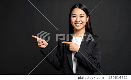 一位微笑的女商務人士在黑色背景下用雙手指向一側 129614811