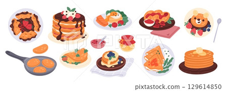 Cartoon pancakes. Tasty homemade pastry, sweet and salty toppings, hot breakfasts, stacks on plates, maple and chocolate syrup, honey, butter, morning meal, garish vector isolated set Cartoon pancakes. Tasty homemade pastry, sweet and salty toppings, hot breakfasts, stacks on plates, maple and chocolate syrup, honey, butter, morning meal, garish vector isolated set 129614850
