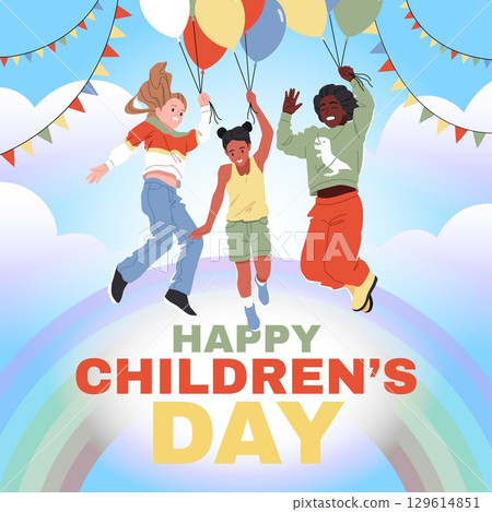 Children day with air balloons poster. Kids flying on helium color balls in sky, happy friends play together on rainbow, have fun, social media post, card design, tidy vector cartoon concept Children day with air balloons poster. Kids flying on helium color balls in sky, happy friends play together on rainbow, have fun, social media post, card design, tidy vector cartoon concept 129614851
