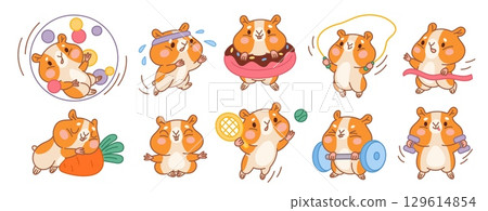 Cute hamster character. Kawaii little pet, funny kids mascot in different actions and poses, sporting animal, big cheeks, domestic rodent stickers, garish vector cartoon isolated set 129614854
