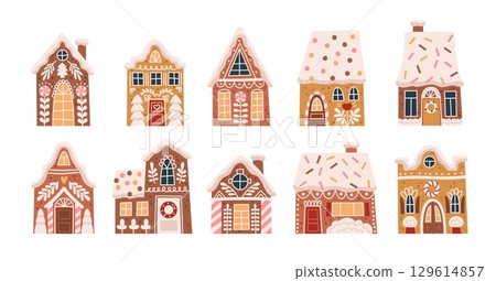 Gingerbread houses. Cute biscuits, homemade festive pastries, new year traditional festive kids food, christmas cookies, decorative sweet glaze painting, bread dessert tidy vector isolated set 129614857