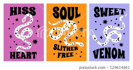 Snakes hippie cards. Mystical occult symbols, magical serpents silhouettes, groovy writhing reptiles with esoteric signs, poster or print design, star and moon, garish vector set 129614861