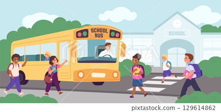 Students with school bus. Funny kids coming from class, children education, happy boys and girls with backpacks and books, little students learning, garish vector cartoon isolated concept 129614862
