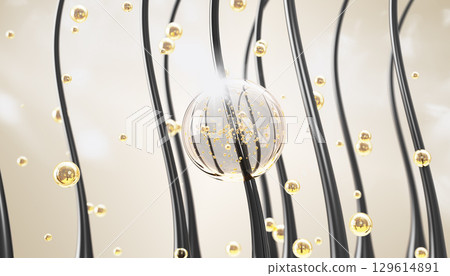 Black hair curls with oil drops texture. Beauty care 3d background with gold liquid bubbles of clear serum gel or shampoo with molecule. Yellow honey mask, keratin or biotin vitamin. 3D illustration Black hair curls with oil drops texture. Beauty care 3d background with gold liquid bubbles of clear serum gel or shampoo with molecule. Yellow honey mask, keratin or biotin vitamin. 3D illustration 129614891