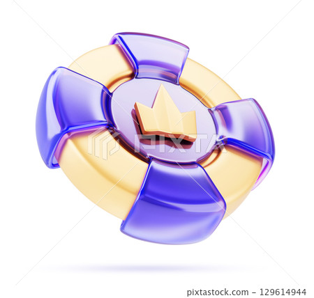 Purple poker game chip with golden crown. Render 3d icon of vip token, casino money. Glass holographic gambling currency, magenta neon coin. Wager in roulette, blackjack or baccarat. 3D illustration 129614944