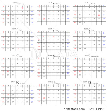 2026 Simple Calendar Day of the Week Japanese Set 129614958