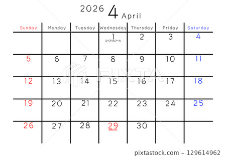 April 2026 Simple Calendar Day of the Week English 129614962