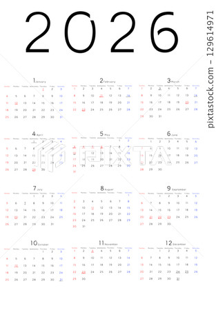 Simple 2026 calendar with days of the week in English 129614971
