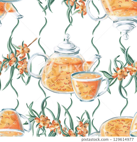 Seamless pattern with branches of ripe, juicy sea buckthorn, a teapot and a cup with sea buckthorn tea. Watercolor illustration for packaging design, printing on fabric and kitchen textiles, dishes. Seamless pattern with branches of ripe, juicy sea buckthorn, a teapot and a cup with sea buckthorn tea. Watercolor illustration for packaging design, printing on fabric and kitchen textiles, dishes. 129614977