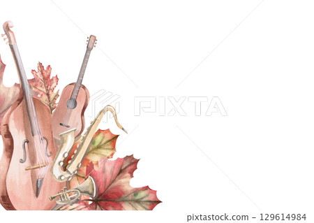 Rectangular frame with musical instruments and autumn leaves. Isolated watercolor illustration in realistic style for design of invitations, labels, cards and posters. 129614984